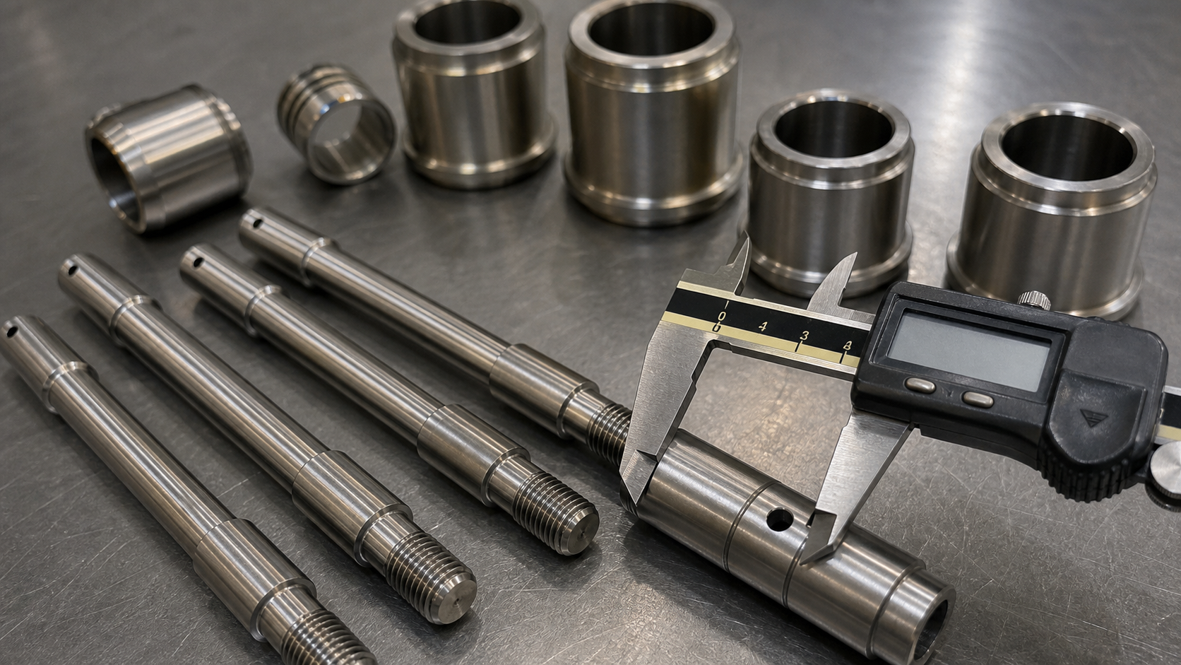 Representative CNC machined shaft inspection with caliper for buyer review