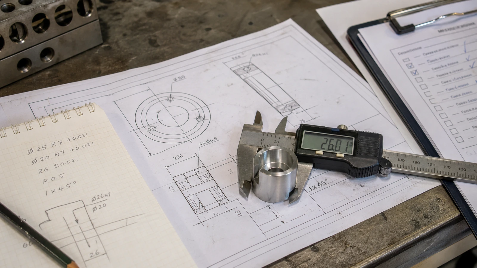 CNC drawing review process with machining drawing and caliper measurement