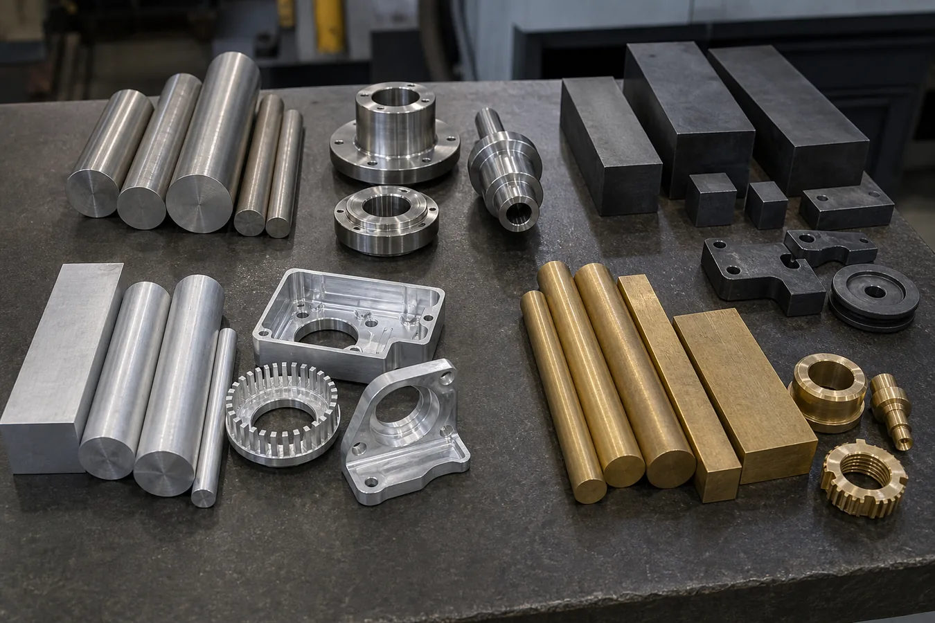 CNC machining material samples in stainless steel aluminum brass and carbon steel