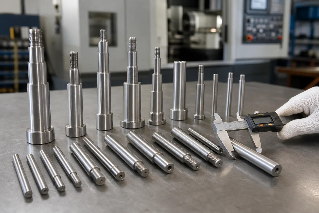 CNC turned shafts and precision pins inspected with caliper
